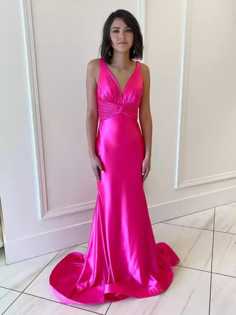 Elegant mermaid satin V-neck sleeveless pleated zipper back Prom Dresses