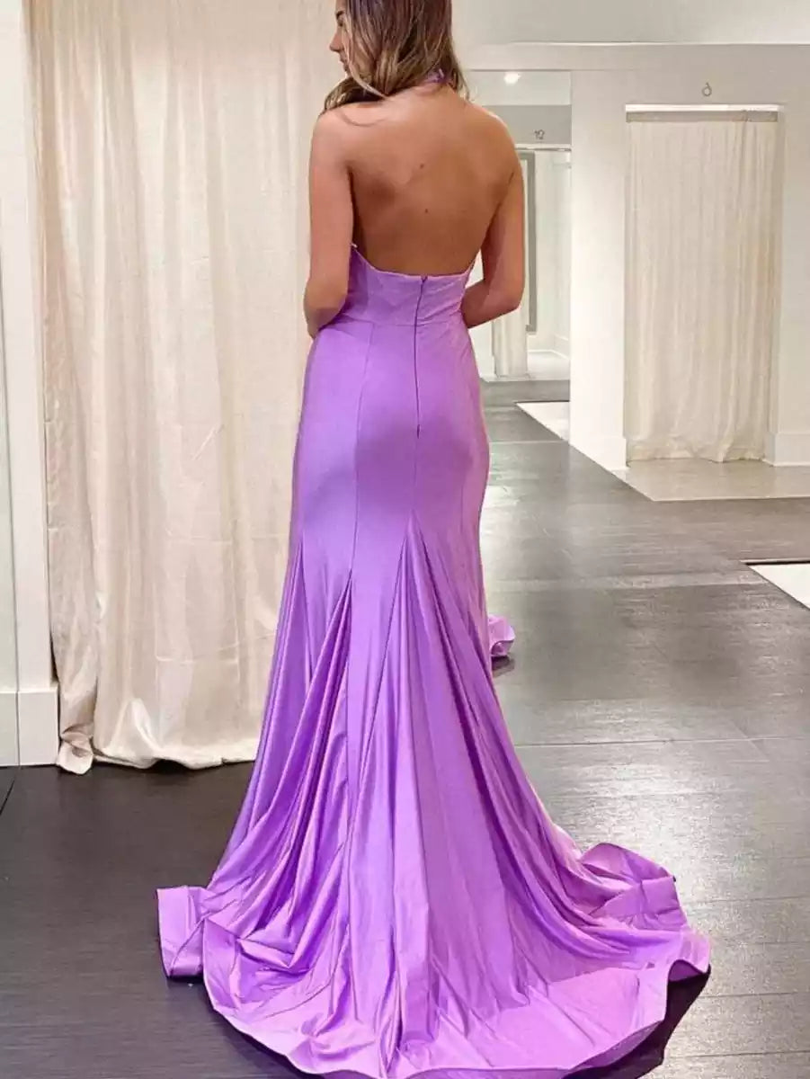 Elegant mermaid satin halter neckline sleeveless zipper back Prom Dresses