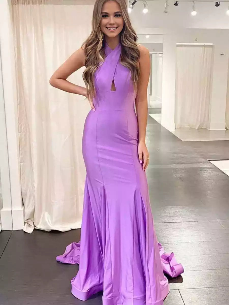 Elegant mermaid satin halter neckline sleeveless zipper back Prom Dresses