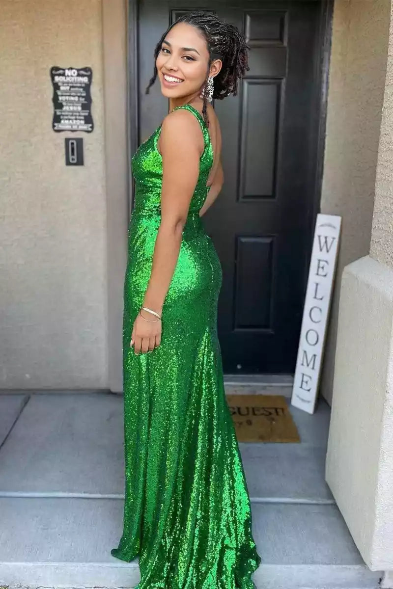 Elegant mermaid sequin floor length dress with square neckline, sleeveless slit, zipper back, Prom Dresses