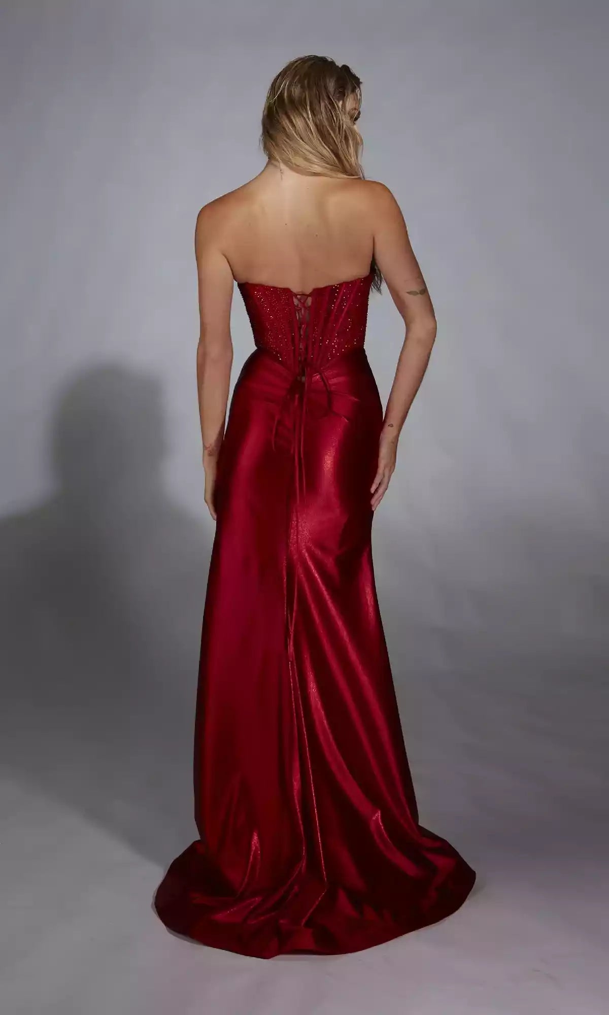 Elegant metallic luster elastic satin slim fit long strapless corset with back lace up slit Prom Dresses