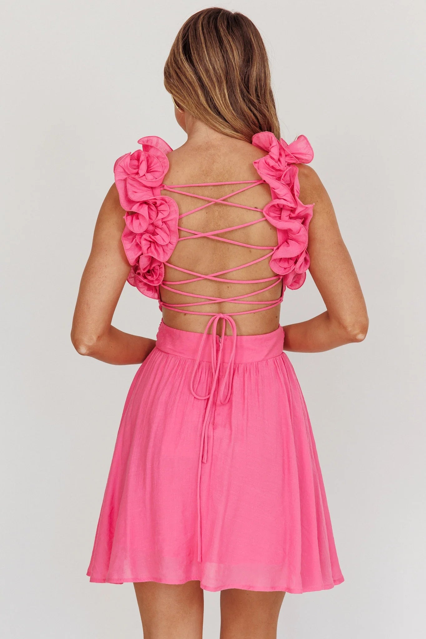 Elegant mini waist hollow out backless lace up ruffle edge shoulder strap hidden back zipper Homecoming Dresses