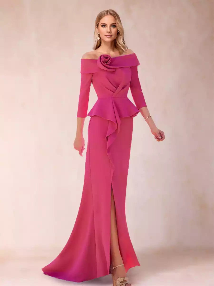 Elegant off shoulder and floor length slim fit/straight tube ruffle edge and side slit Mother of the Bride Dresses