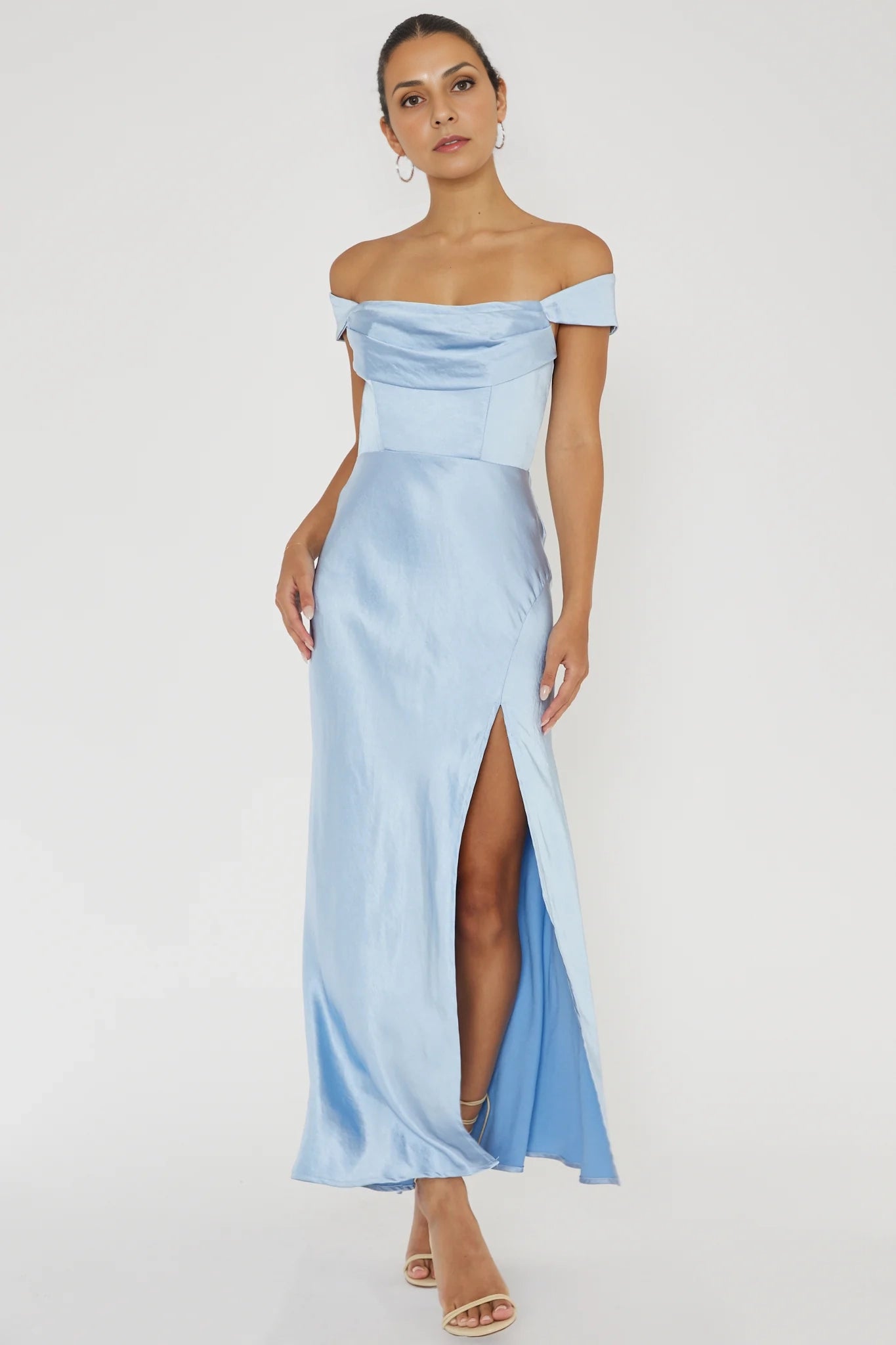 Elegant off shoulder low waist V-back satin extra long Homecoming Dresses