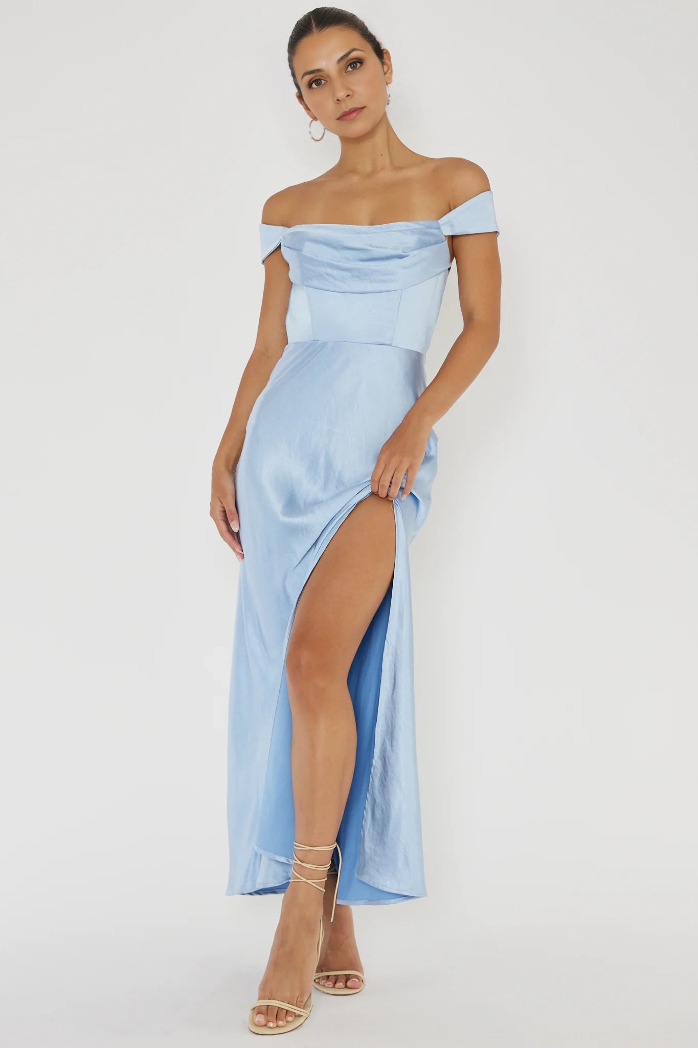 Elegant off shoulder low waist V-back satin extra long Homecoming Dresses