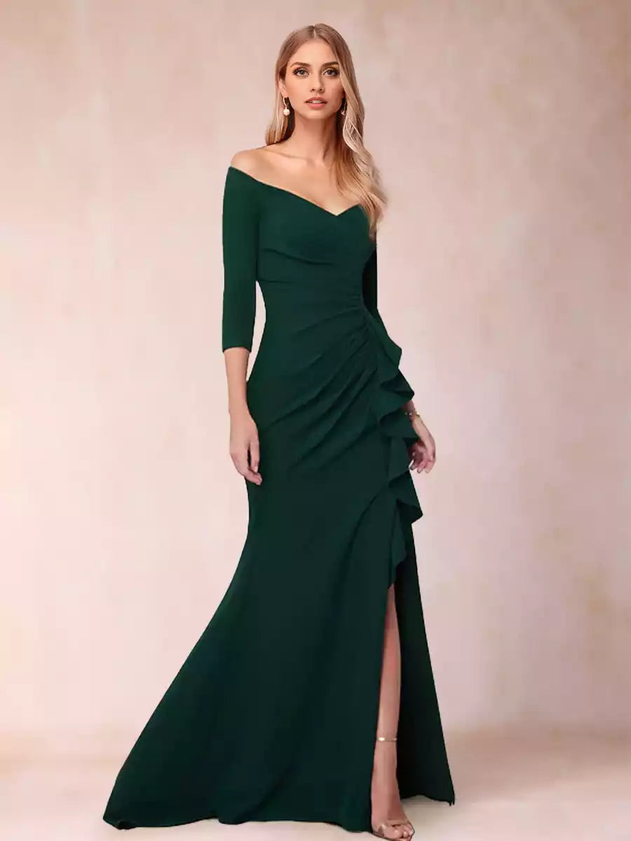 Elegant off shoulder seven quarter sleeves with ruffled edges for slim fit/straight cut Mother of the Bride Dresses