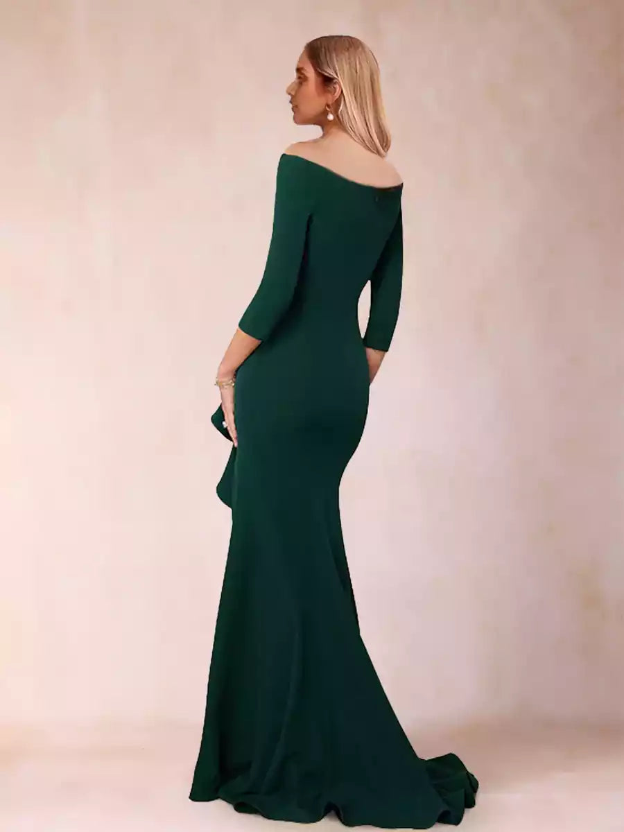 Elegant off shoulder seven quarter sleeves with ruffled edges for slim fit/straight cut Mother of the Bride Dresses