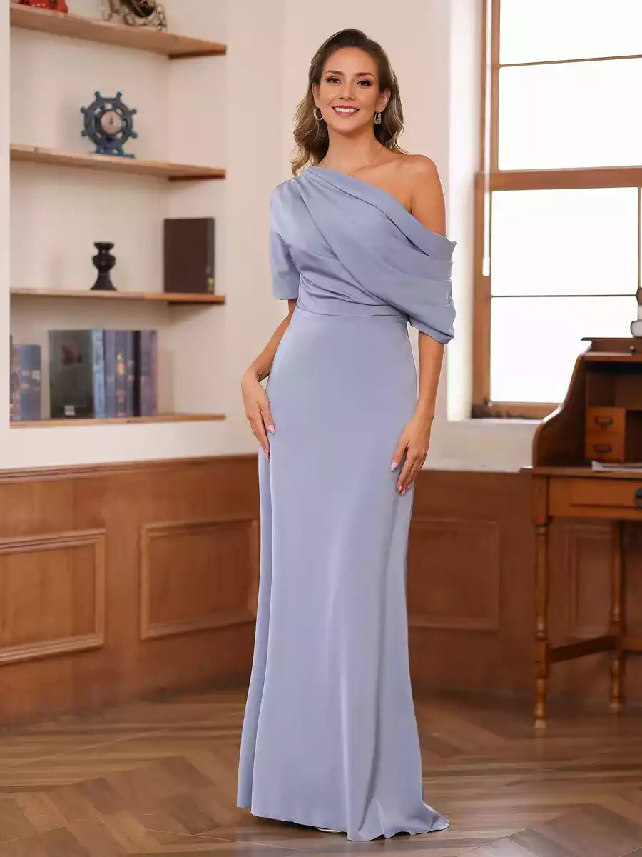 Elegant one shoulder short sleeved pleated slim fit/straight tube long strapless Mother of the Bride Dresses