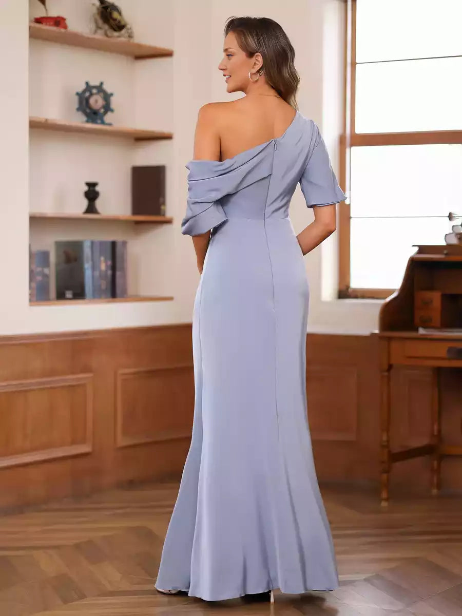Elegant one shoulder short sleeved pleated slim fit/straight tube long strapless Mother of the Bride Dresses