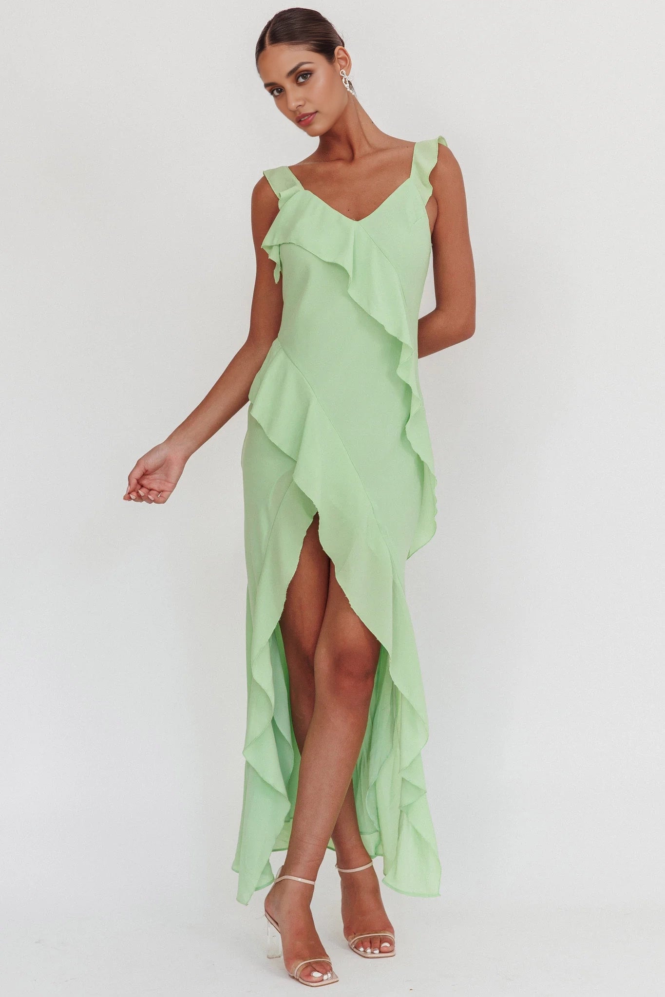 Elegant ruffled hem, high and low hem, extra long ruffled shoulder strap, Homecoming Dresses