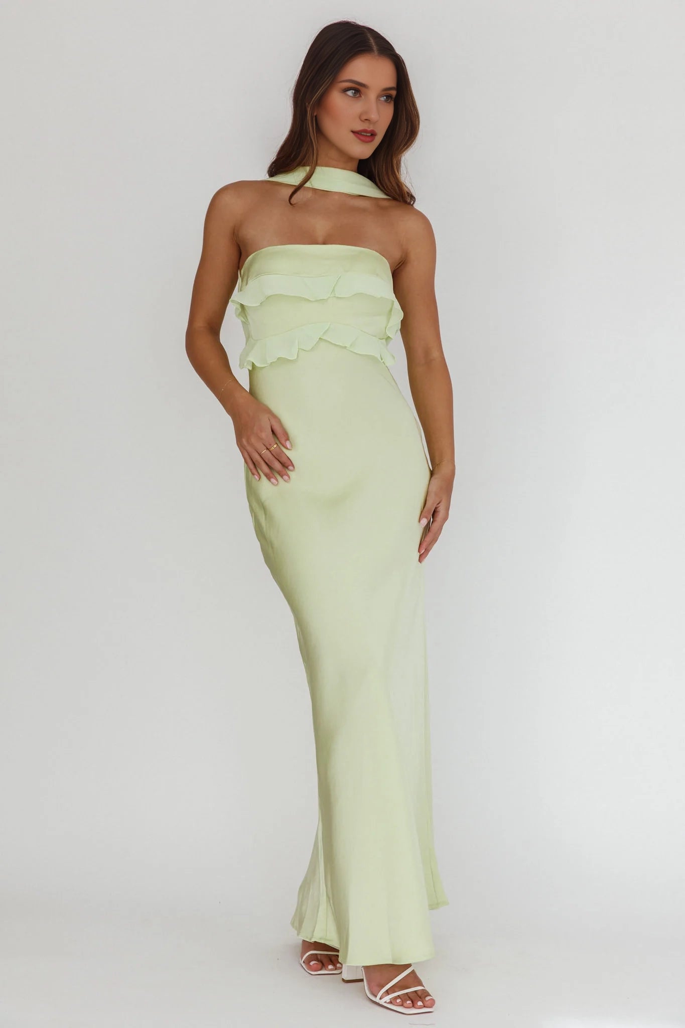 Elegant satin long reverse hanging neck with ruffle edge invisible zipper Homecoming Dresses