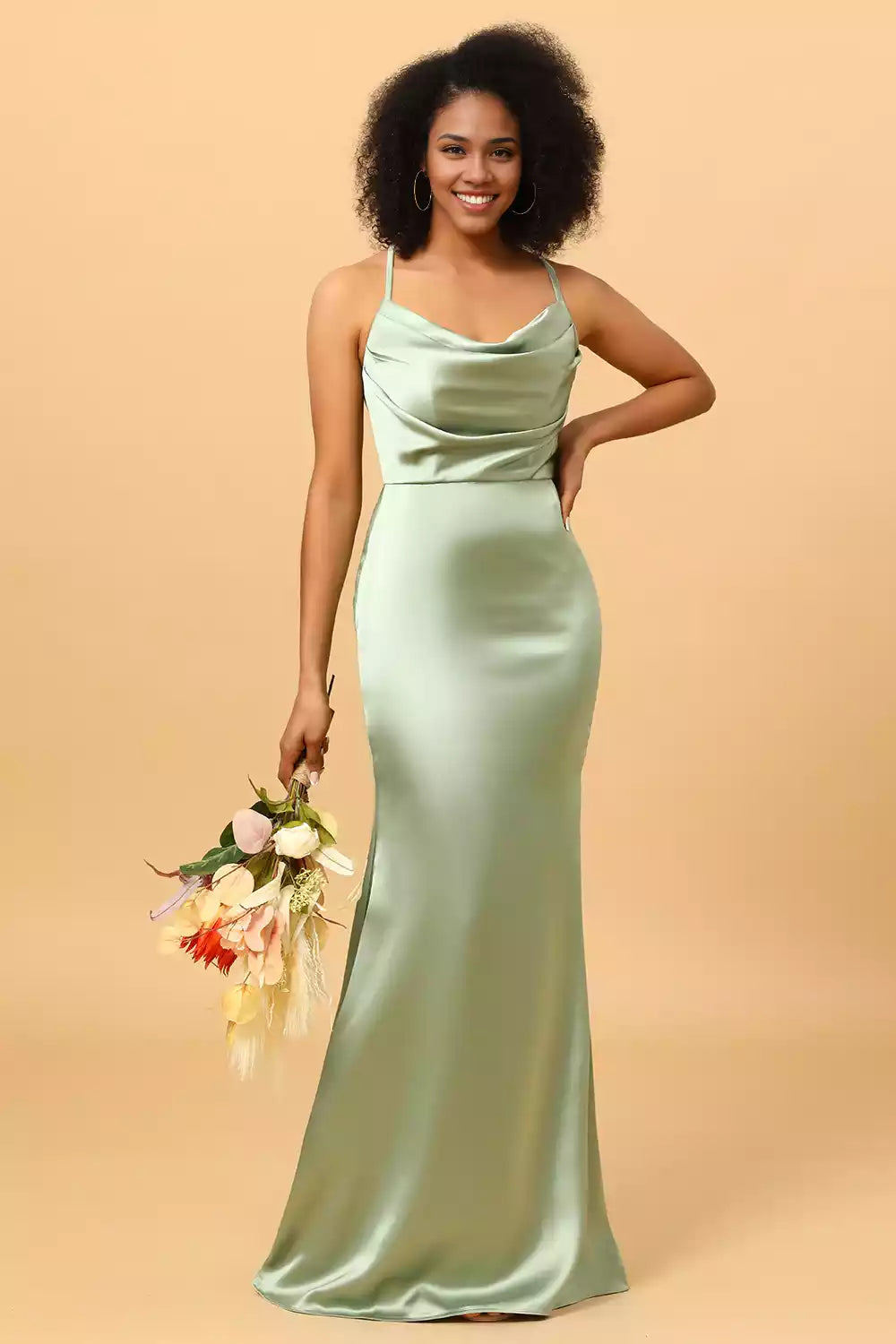 Elegant satin thin shoulder strap fish tail shaped scarf collar and floor Bridesmaid Dresses