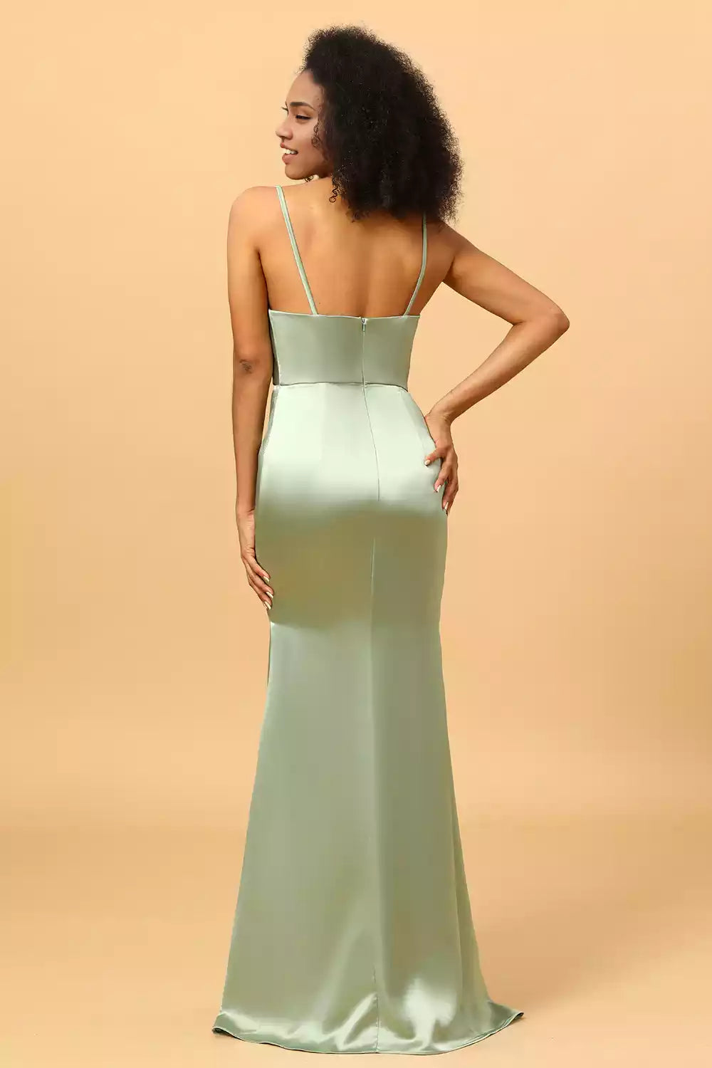 Elegant satin thin shoulder strap fish tail shaped scarf collar and floor Bridesmaid Dresses