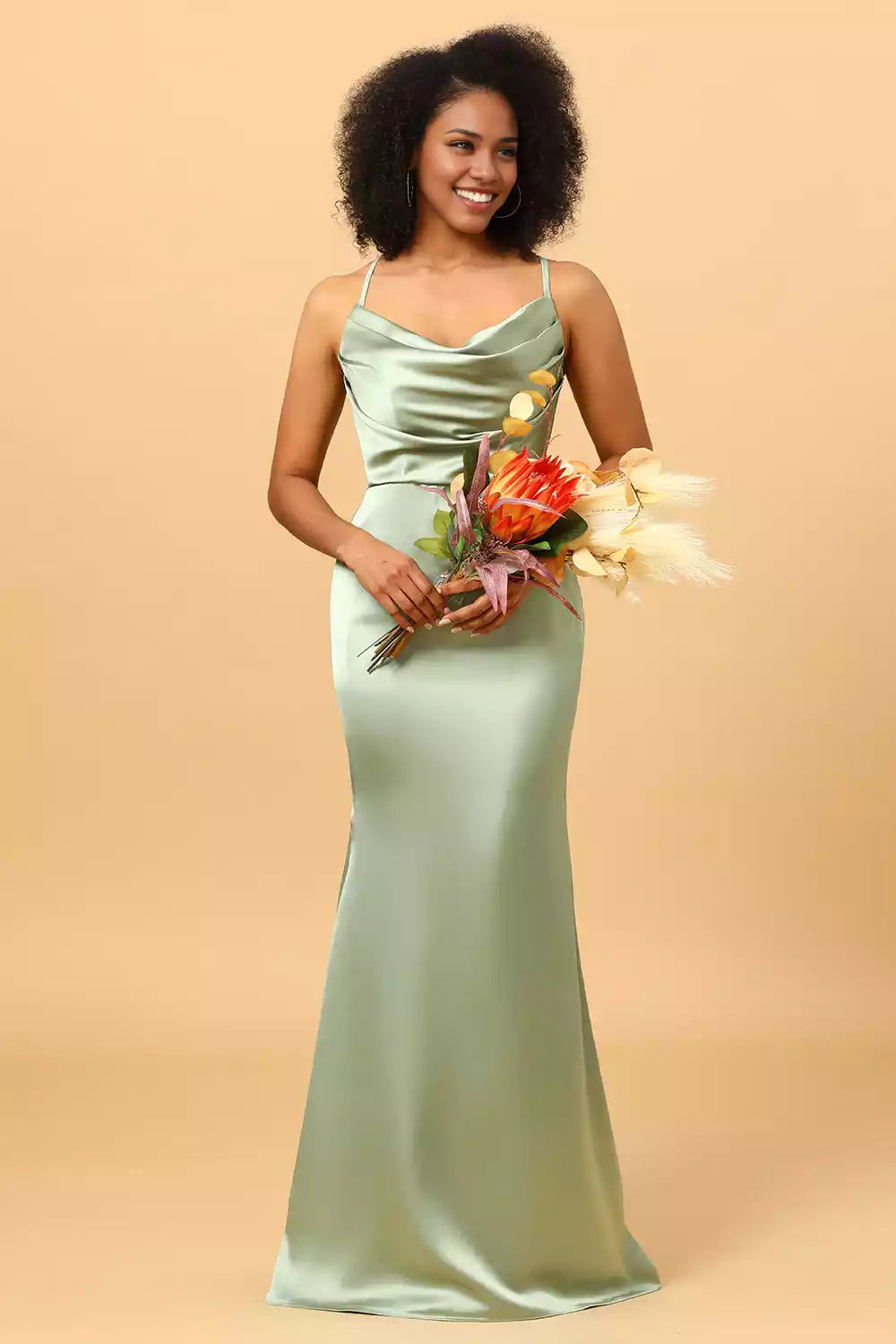 Elegant satin thin shoulder strap fish tail shaped scarf collar and floor Bridesmaid Dresses