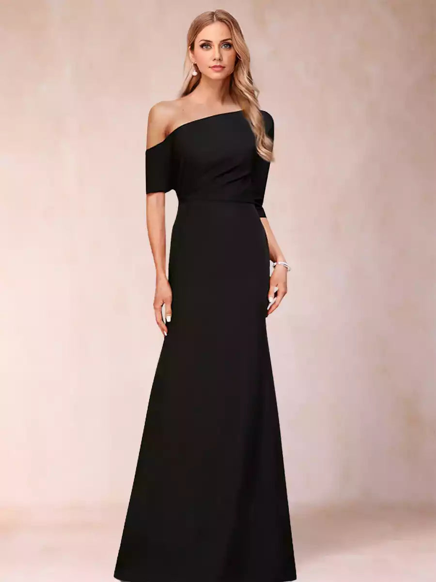 Elegant slim fit speaker/mermaid style single shoulder half sleeve pleated Mother of the Bride Dresses