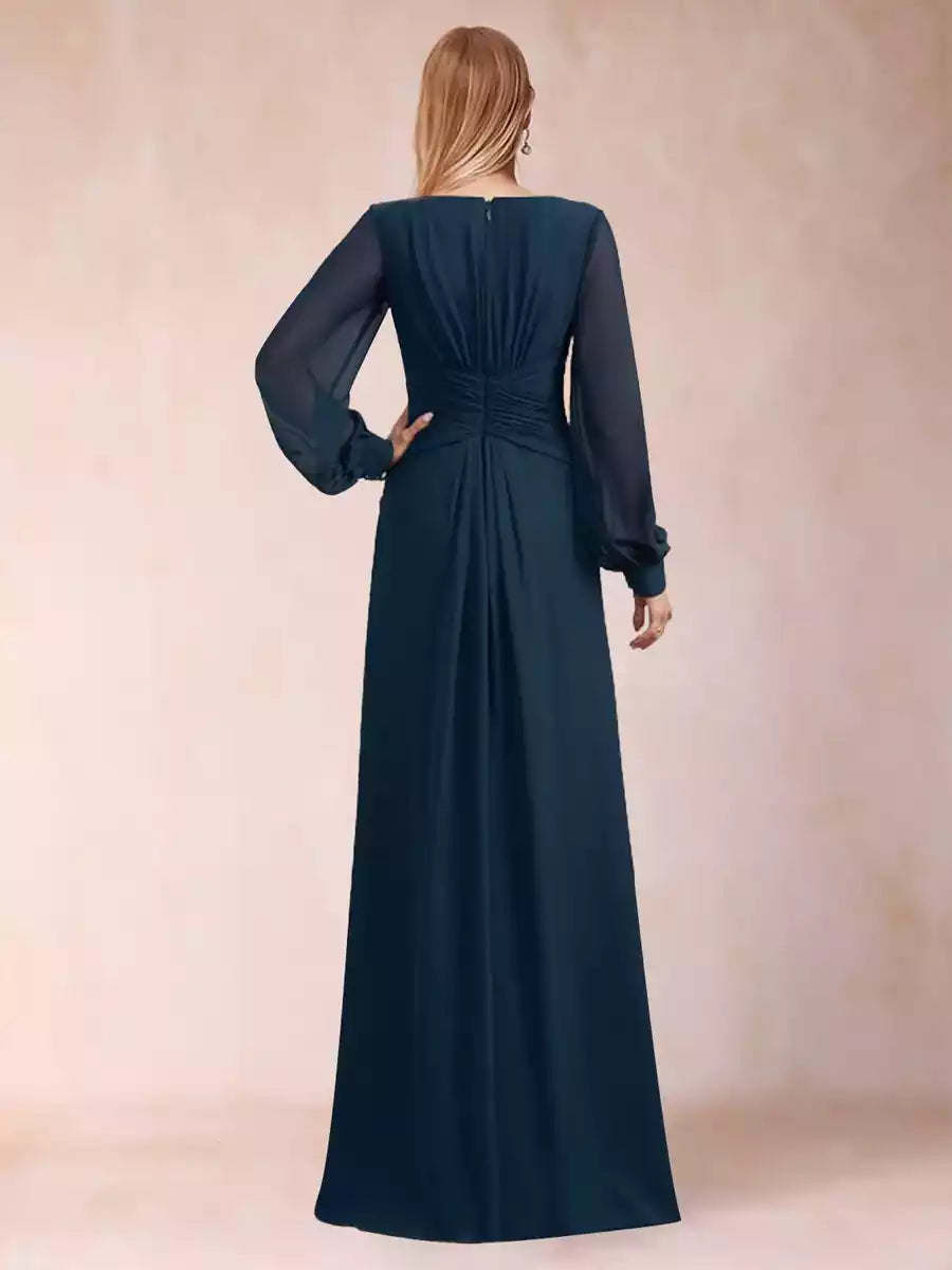 Elegant slim fit/straight V-neck long sleeved pleated long Mother of the Bride Dresses