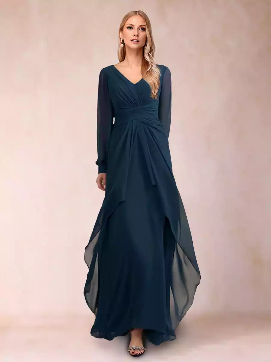 Elegant slim fit/straight V-neck long sleeved pleated long Mother of the Bride Dresses