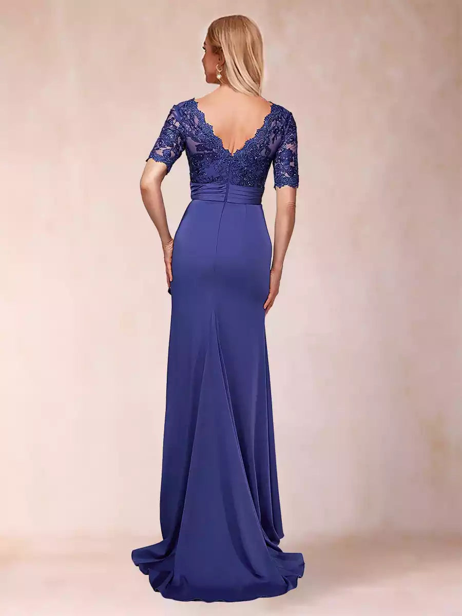 Elegant slim fit/straight V-neck short sleeved decal and ruffle Mother of the Bride Dresses