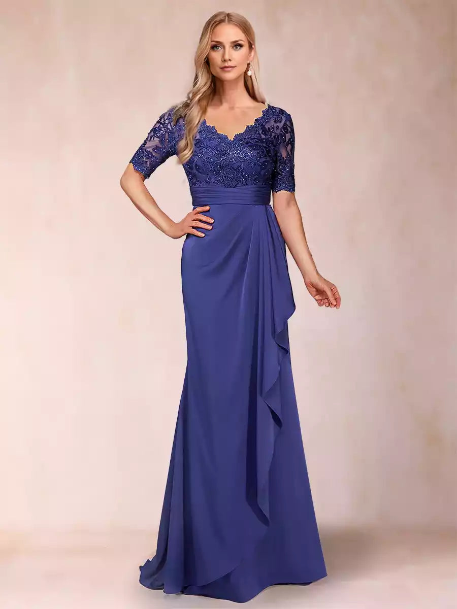 Elegant slim fit/straight V-neck short sleeved decal and ruffle Mother of the Bride Dresses