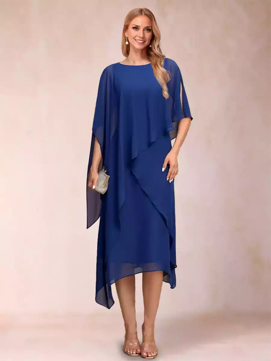 Elegant slim fit/straight round neck half sleeve pleated Mother of the Bride Dresses