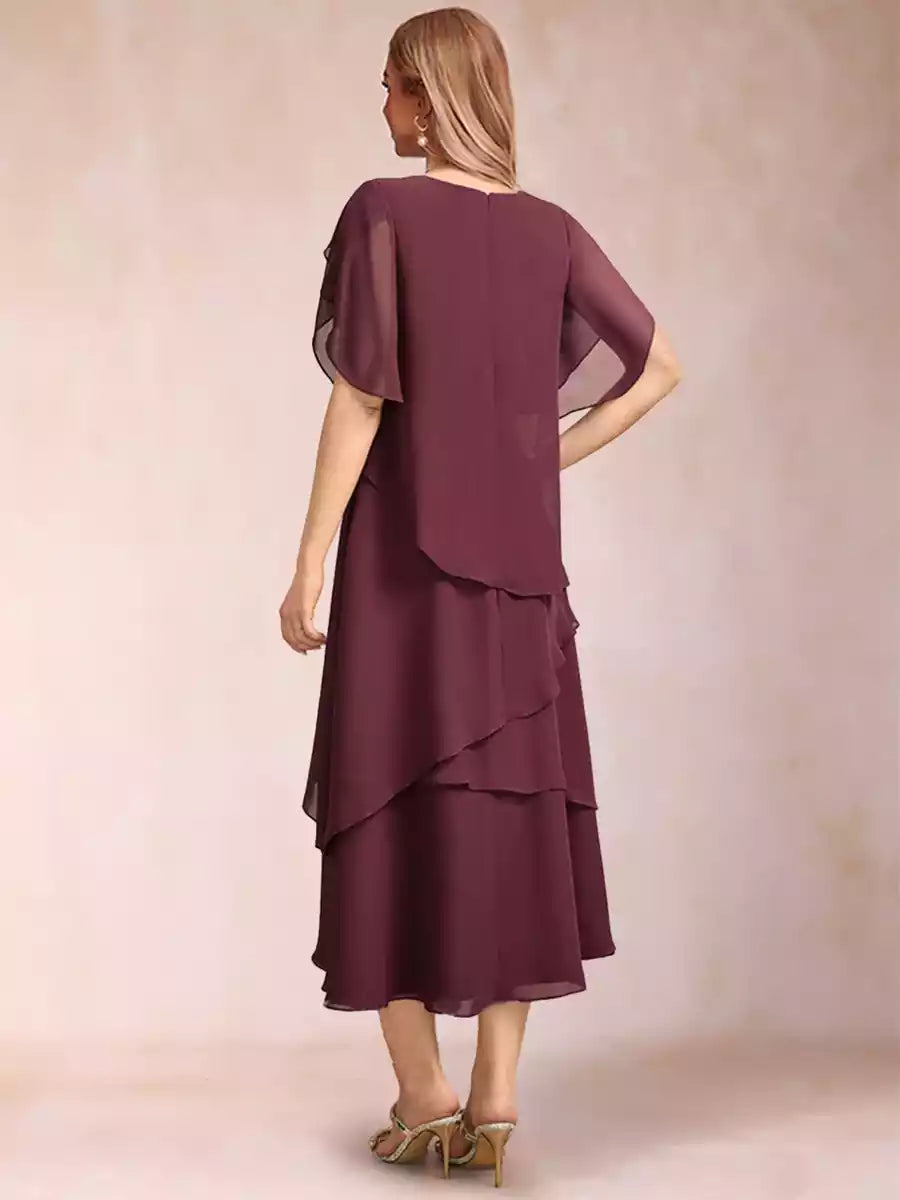 Elegant slim fit/straight round neck short sleeved layered Mother of the Bride Dresses