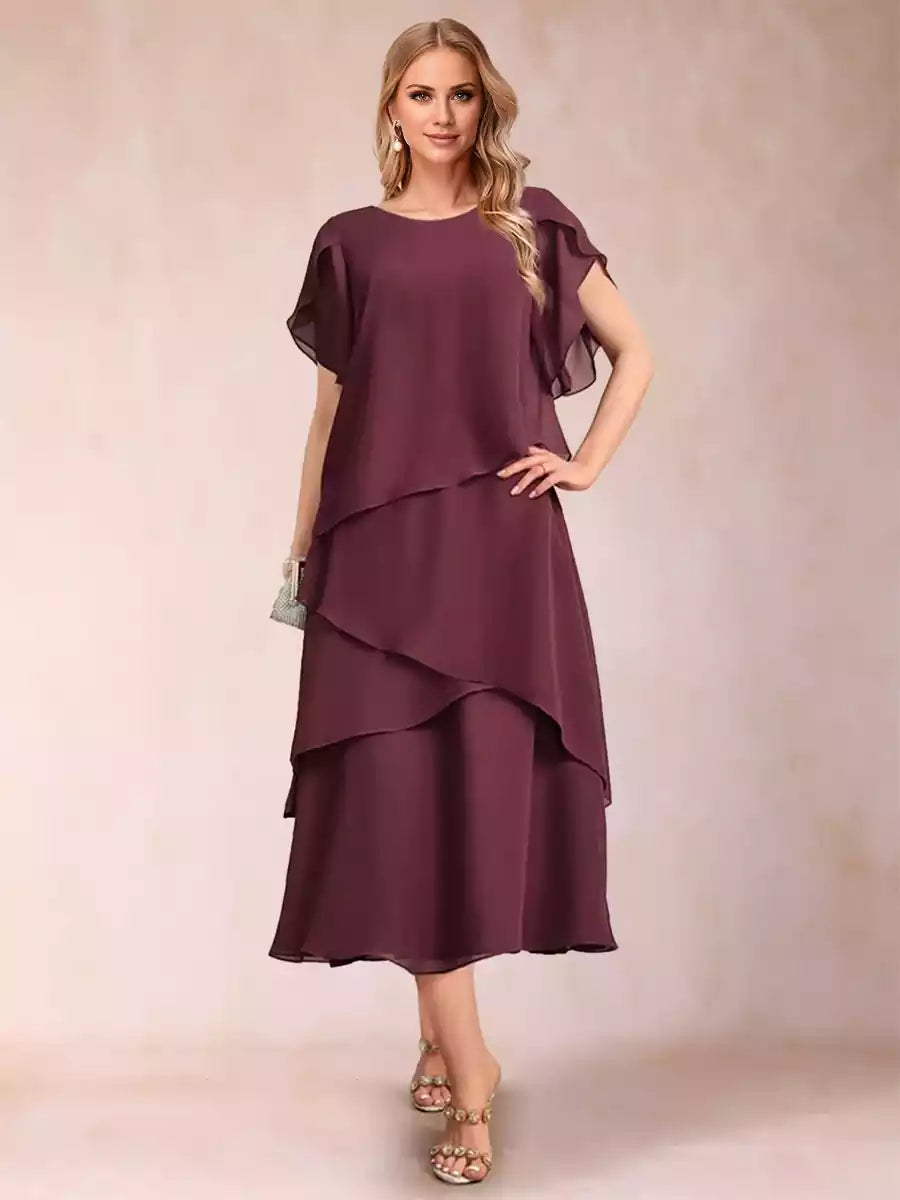 Elegant slim fit/straight round neck short sleeved layered Mother of the Bride Dresses