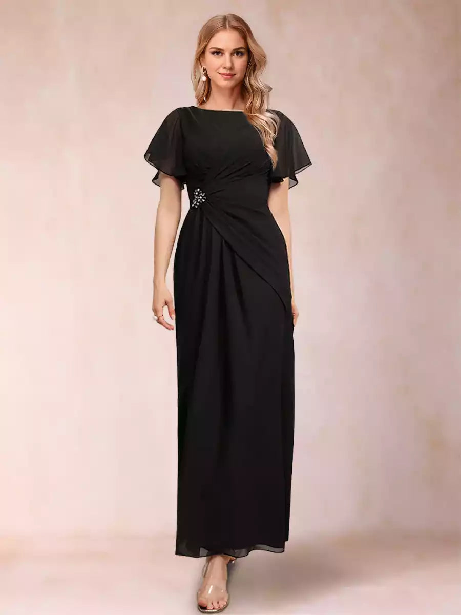 Elegant slim fit/straight tube chiffon round neck short sleeved sheer and ankle Mother of the Bride Dresses