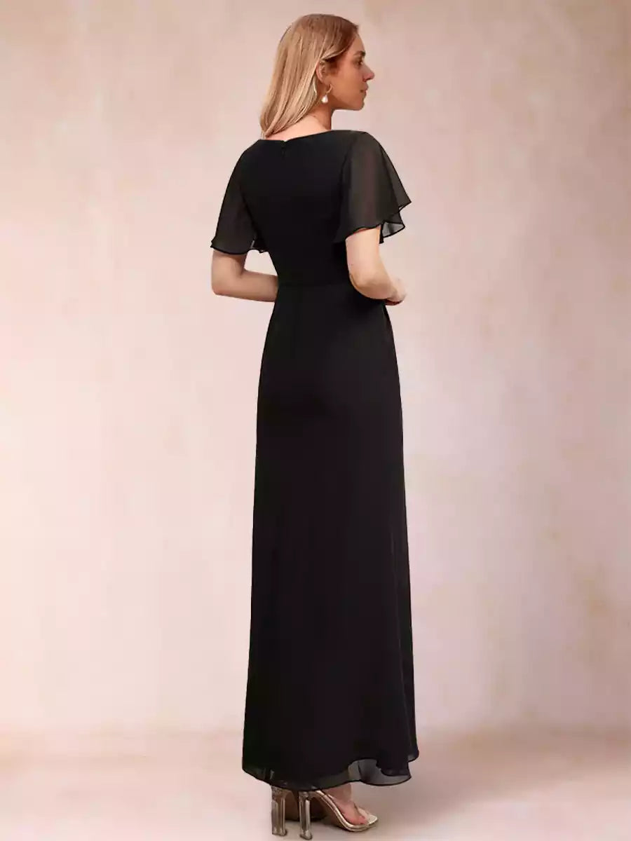 Elegant slim fit/straight tube chiffon round neck short sleeved sheer and ankle Mother of the Bride Dresses
