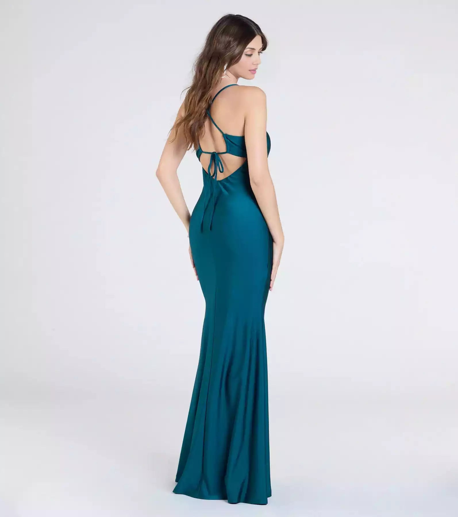 Elegant smooth knit elastic knit V-neck thin shoulder strap backless lace up mermaid and floor Prom Dresses