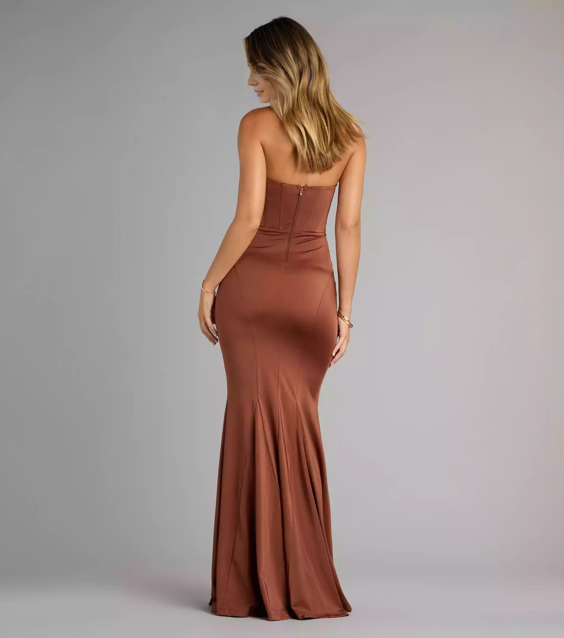 Elegant smooth knit strapless heart-shaped twisted neckline, back zipper tight corset, mermaid and floor Prom Dresses