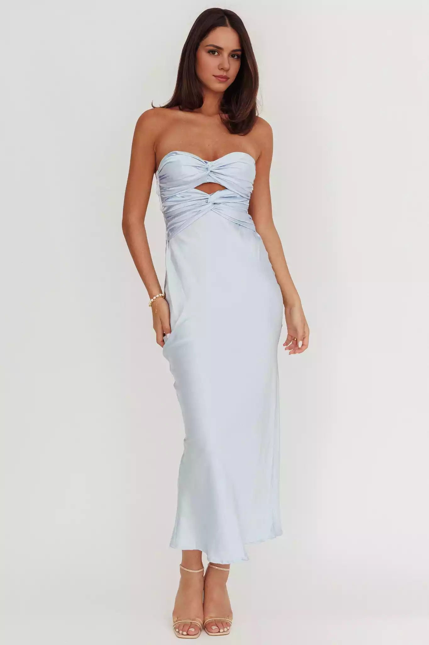 Elegant strapless satin with extra long twisted texture, backless lace up, invisible back zipper Prom Dresses