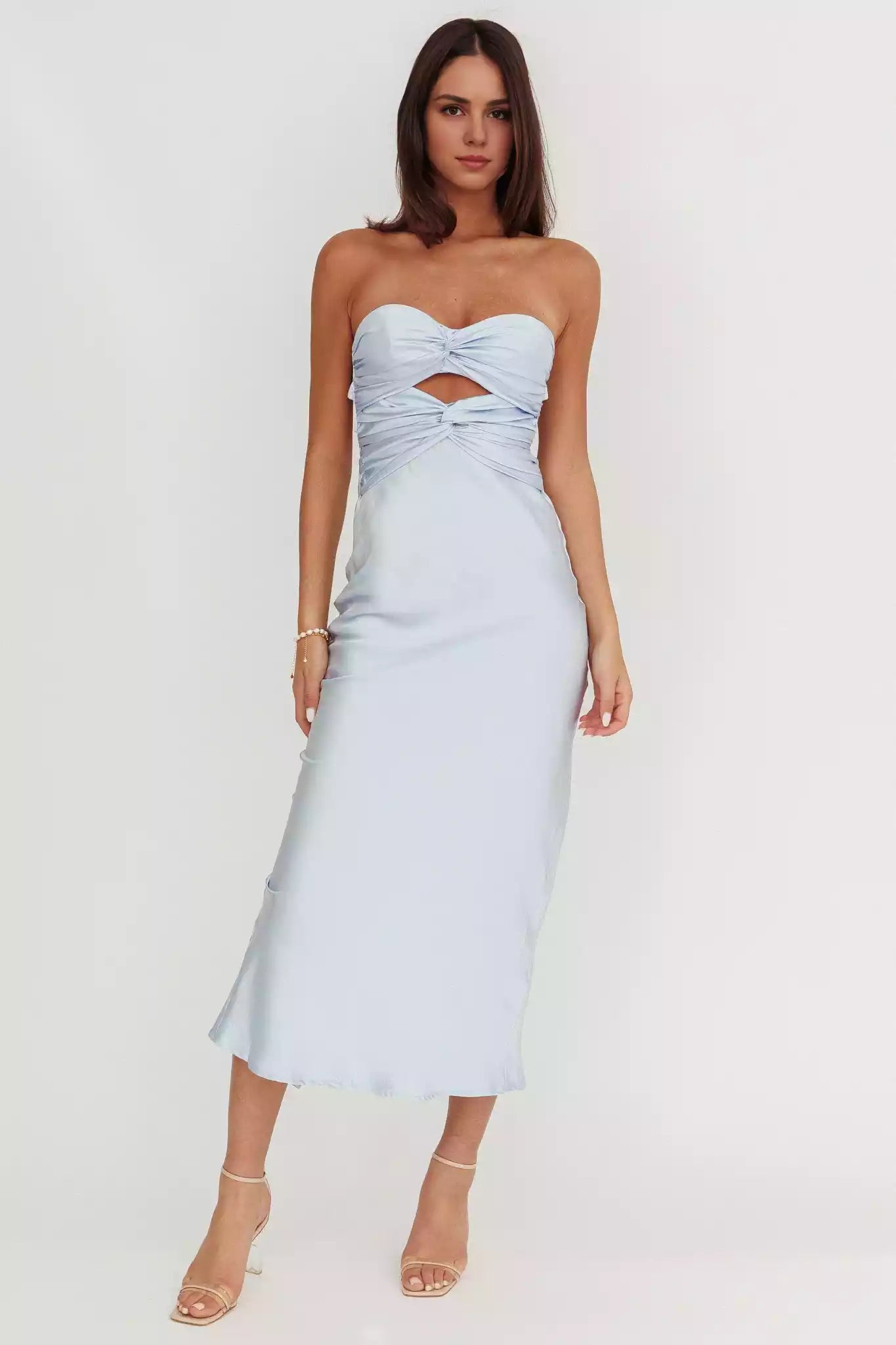 Elegant strapless satin with extra long twisted texture, backless lace up, invisible back zipper Prom Dresses