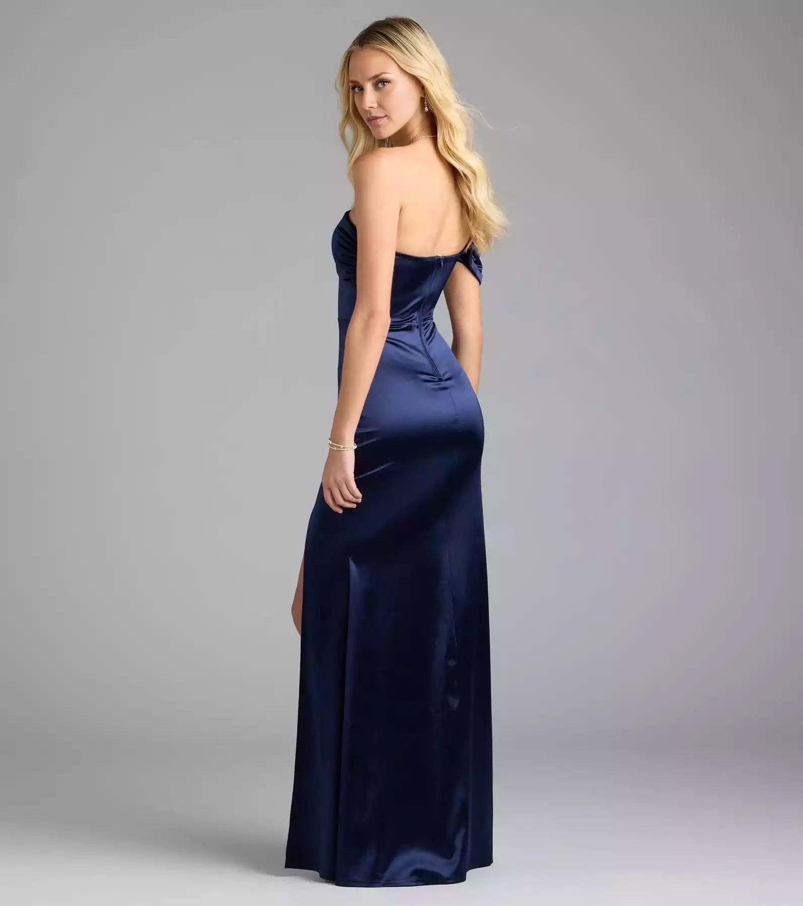 Elegant stretch satin off shoulder collar, back zipper, high slit mermaid and floor Prom Dresses