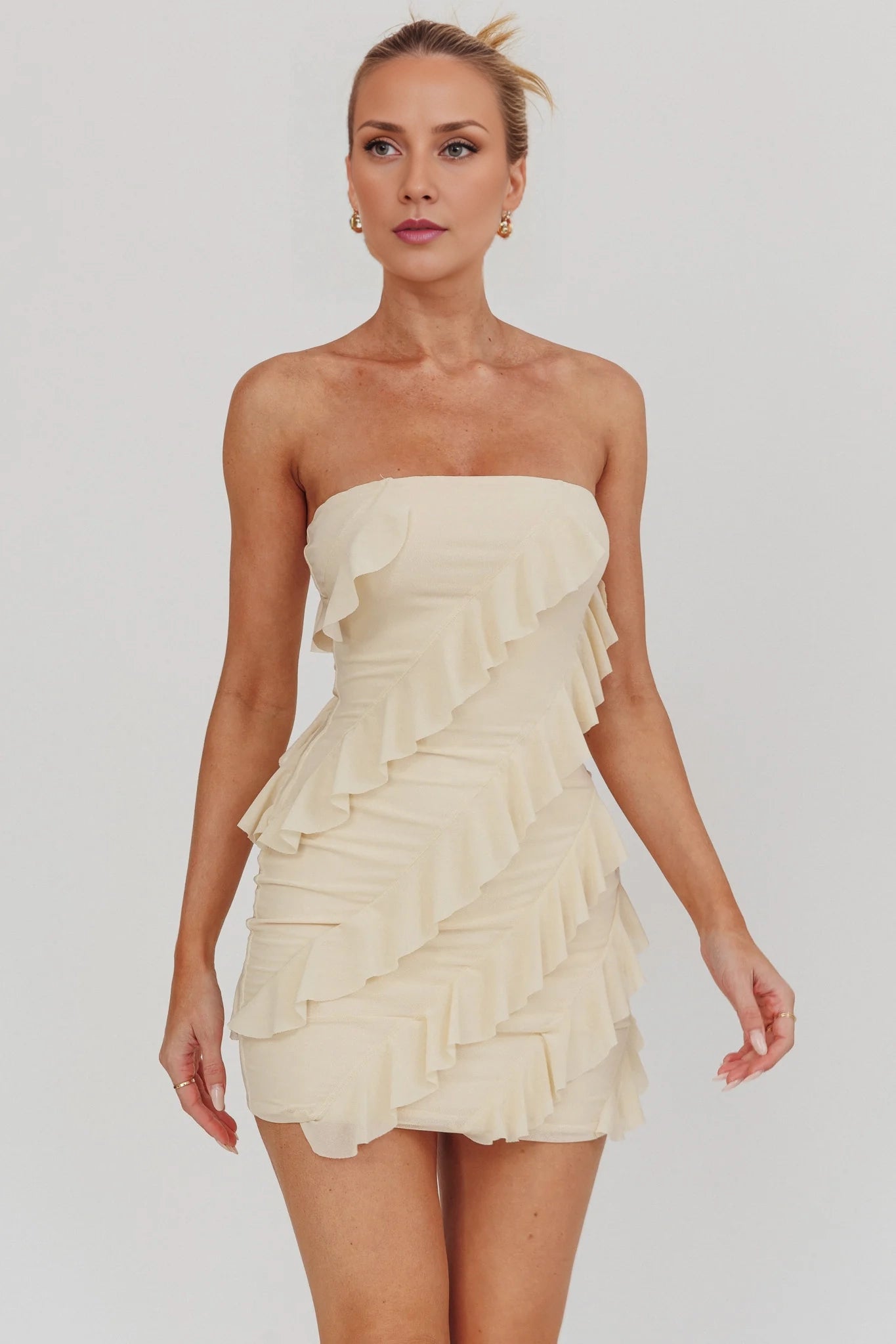 Elegant tight mini layered ruffle edge off shoulder design Homecoming Dresses