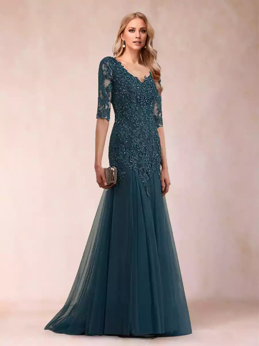 Elegant trumpet/mermaid V-neck half sleeve long applique chiffon Mother of the Bride Dresses