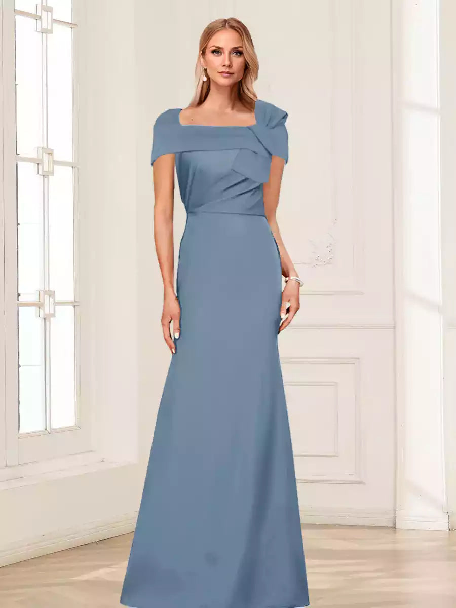 Elegant trumpet/mermaid square neck short sleeved pleated slim fit long Mother of the Bride Dresses