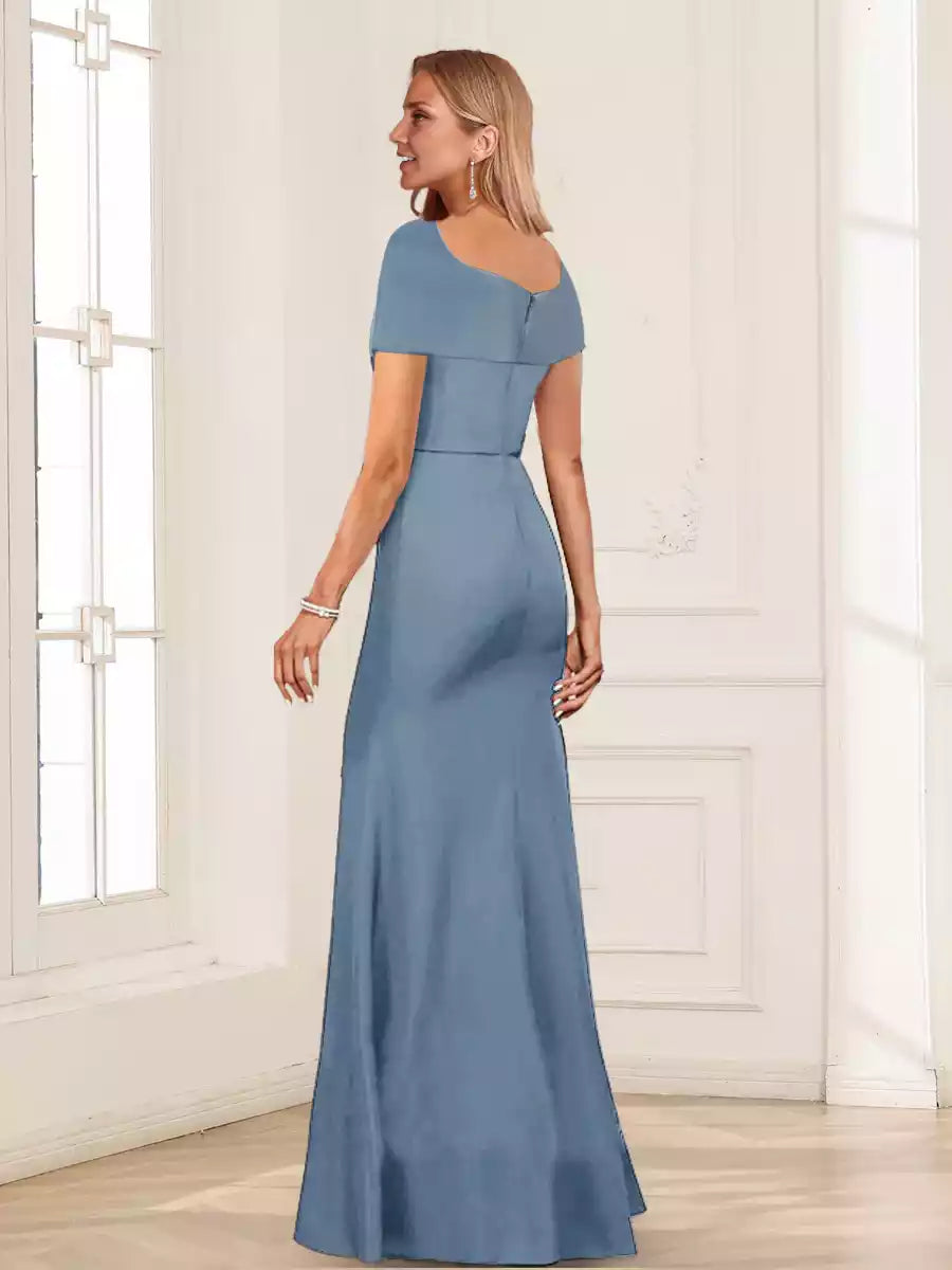 Elegant trumpet/mermaid square neck short sleeved pleated slim fit long Mother of the Bride Dresses