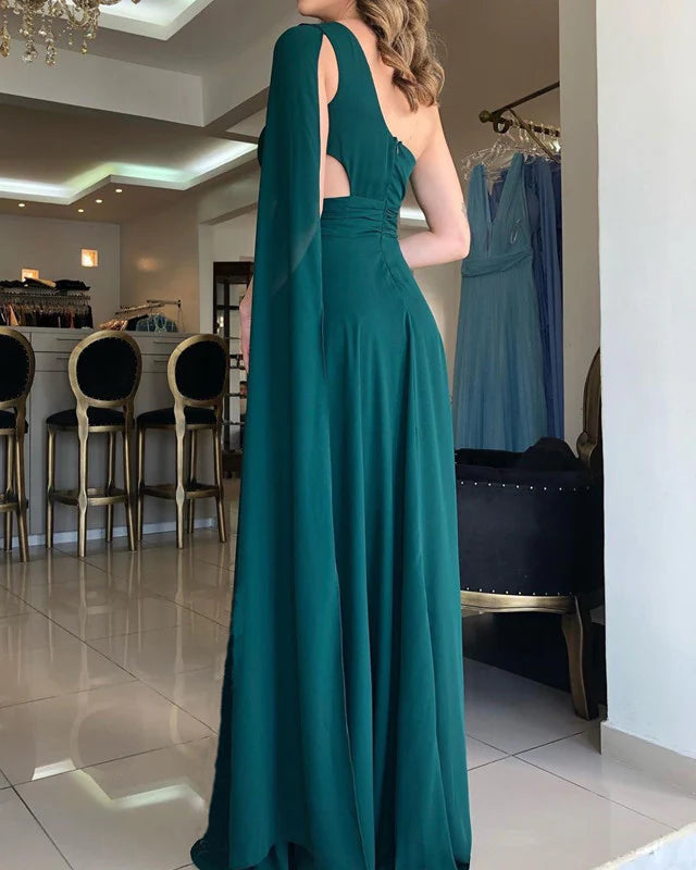 Green Chiffon Evening Dresses One Shoulder