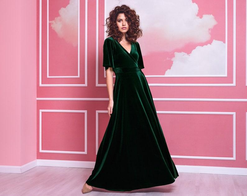 Emerald green velvet long wrap around dress Prom dresses wedding guest dress