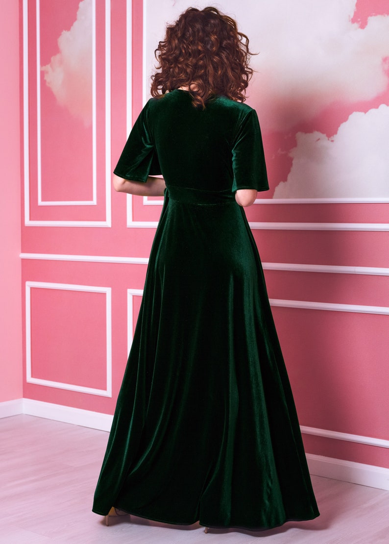 Emerald green velvet long wrap around dress Prom dresses wedding guest dress