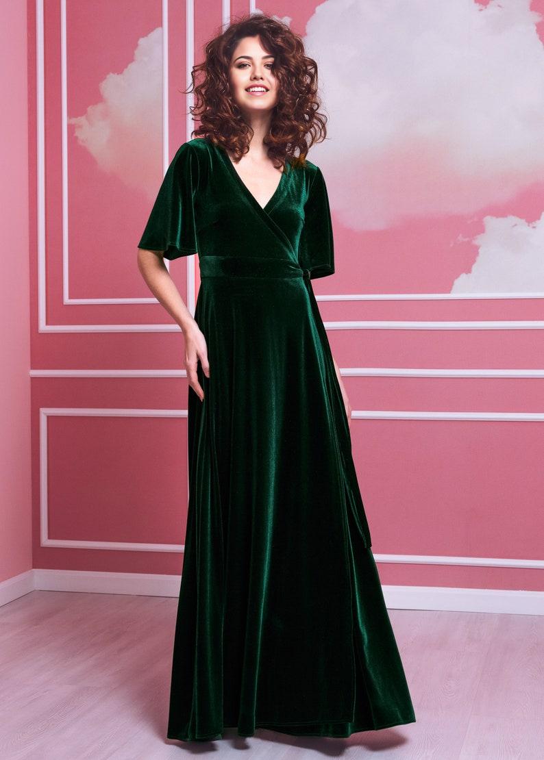 Emerald green velvet long wrap around dress Prom dresses wedding guest dress