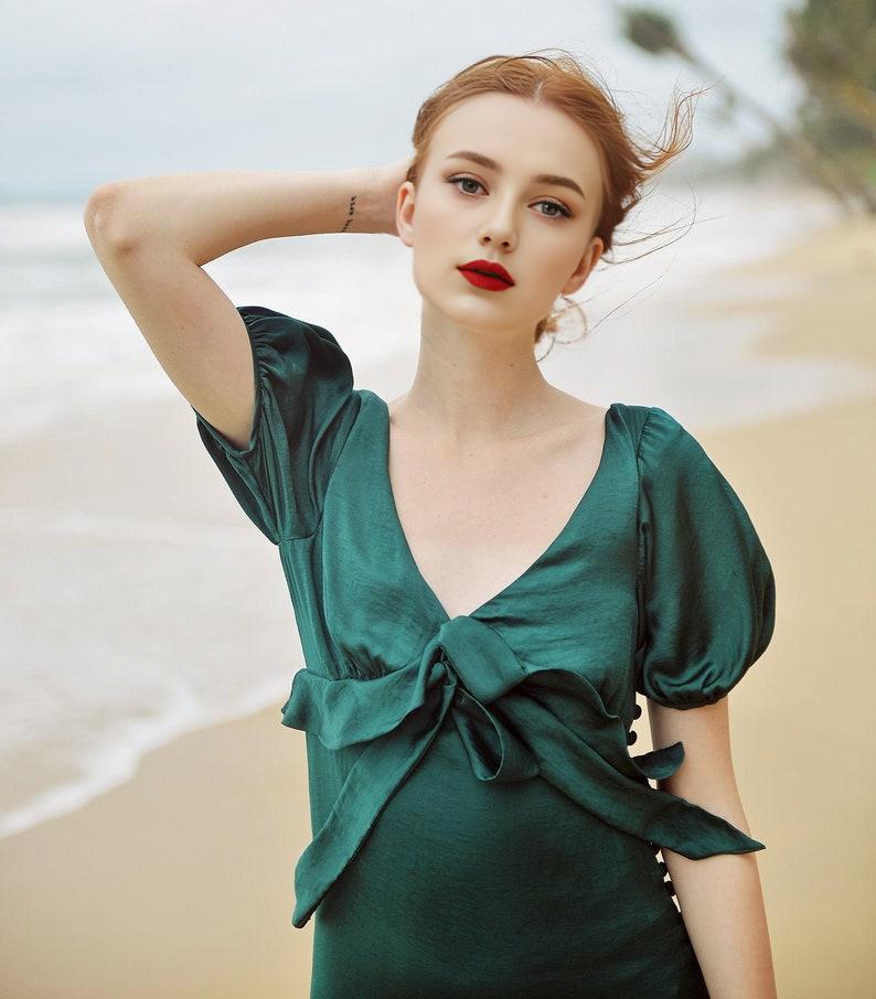 Emerald V-Neck Half Sleeve Bridesmaid Dress