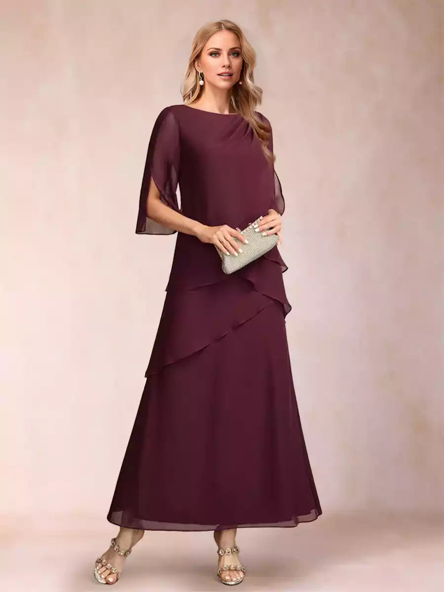 Enchanting A-line/Princess Round Neck Half Sleeve Layered Chiffon and Ankle Mother of the Bride Dresses