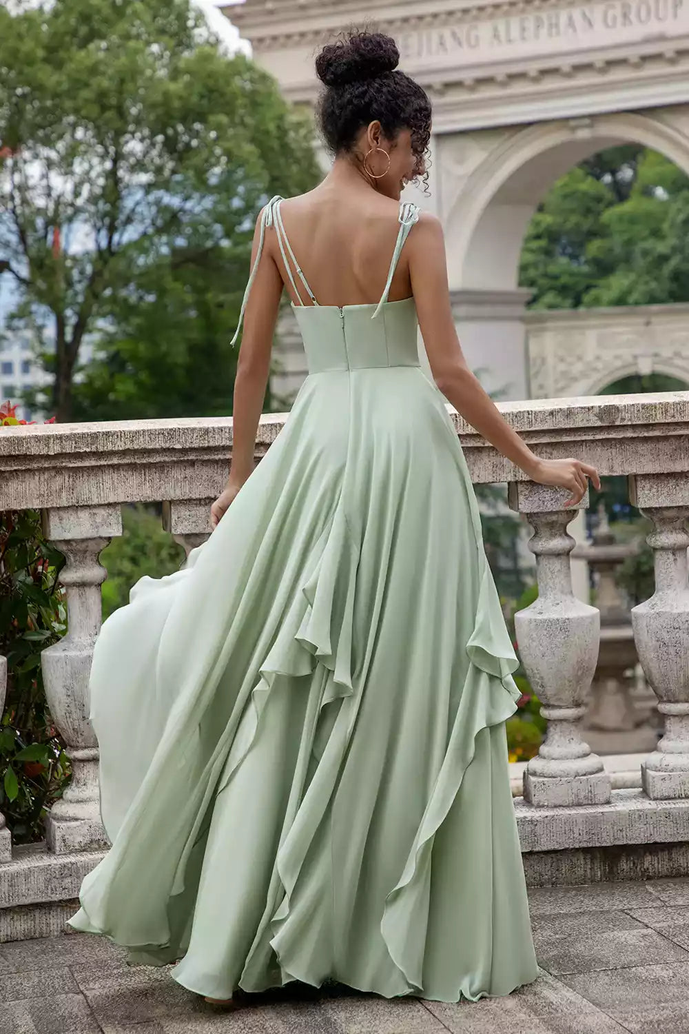 Enchanting A-line chiffon V-neck thin shoulder strap with ruffle edge zipper closure Bridesmaid Dresses