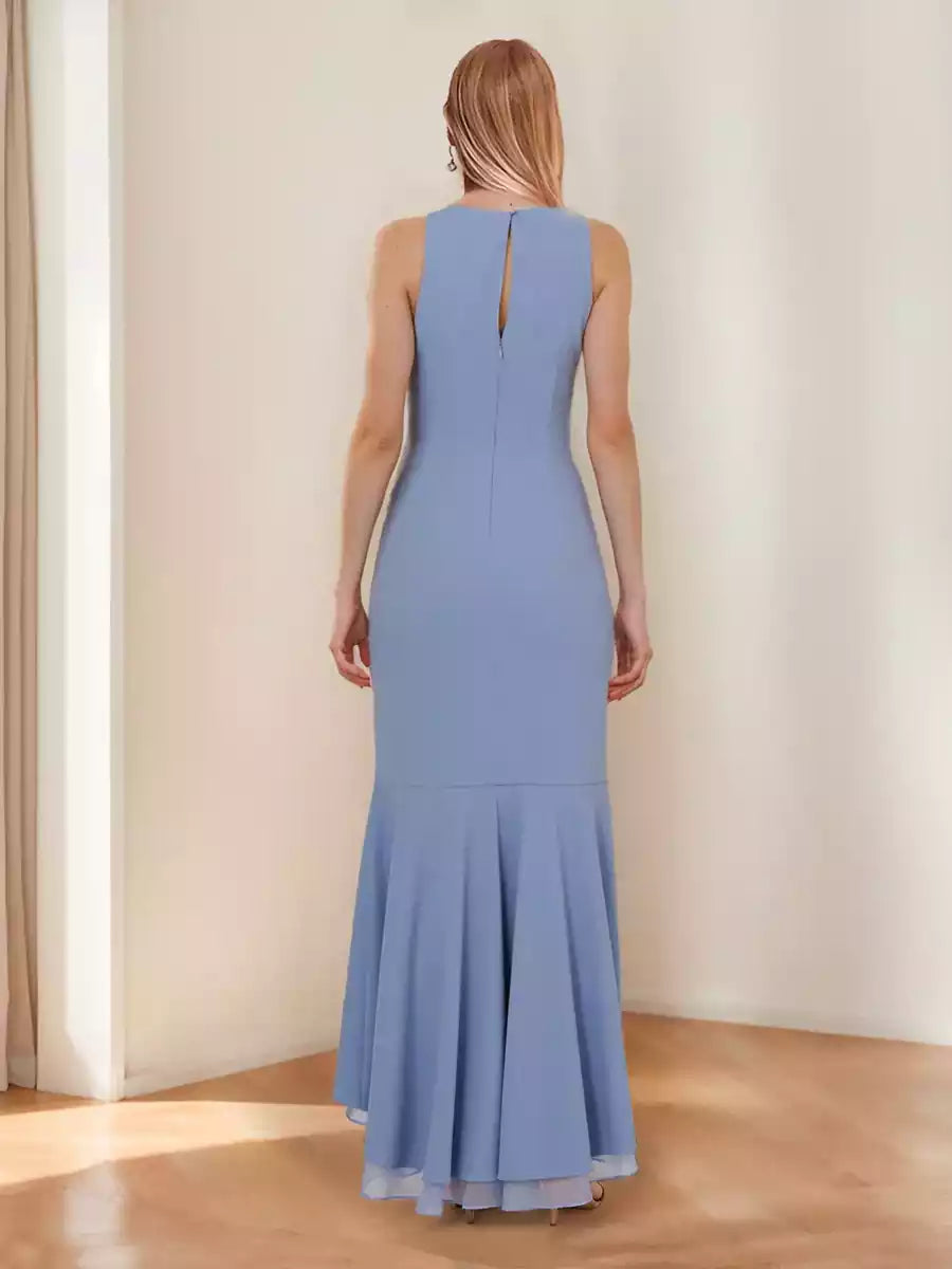 Enchanting Horn/Mermaid Round Neck, High and Low Folds, Lotus Leaf Edges, Mother of the Bride Dresses