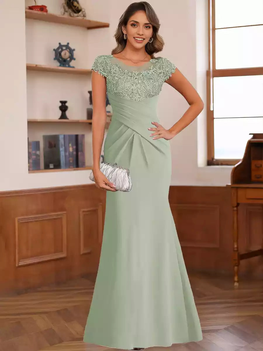 Enchanting Speaker/Mermaid Round Neck Short Sleeve Chiffon Stickers Mother of the Bride Dresses