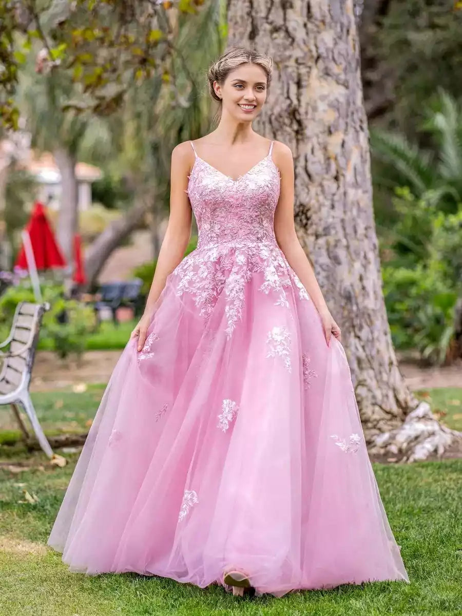 Enchanting V-neck lace decal and chiffon thin shoulder strap with lace back Prom Dresses