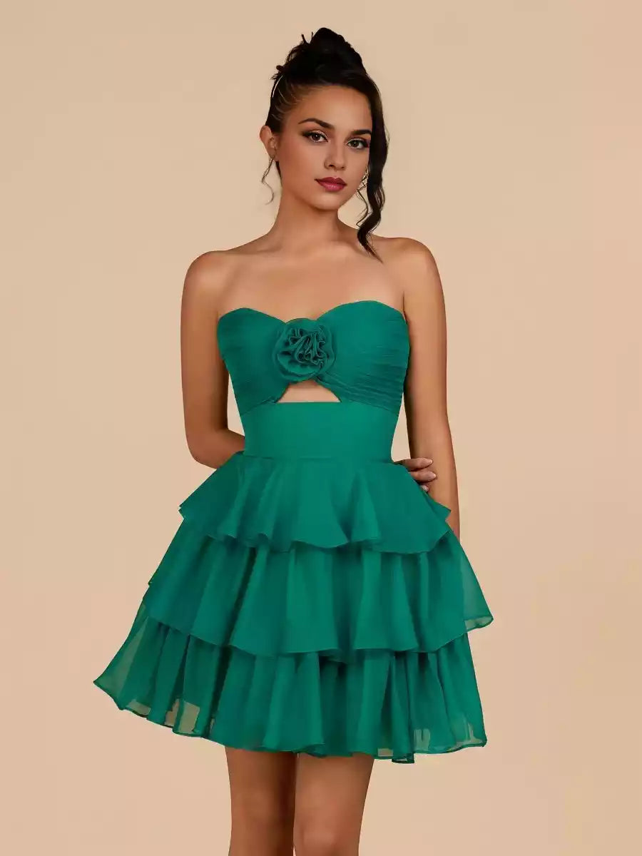 Enchanting lightweight chiffon layered with ruffled floral accents, slim fit and lace up back Homecoming Dresses