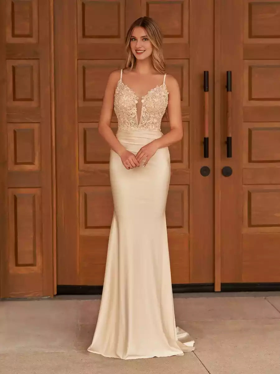 Enchanting mermaid satin thin shoulder straps and V-neck sleeveless lace applique corset lace up back Prom Dresses