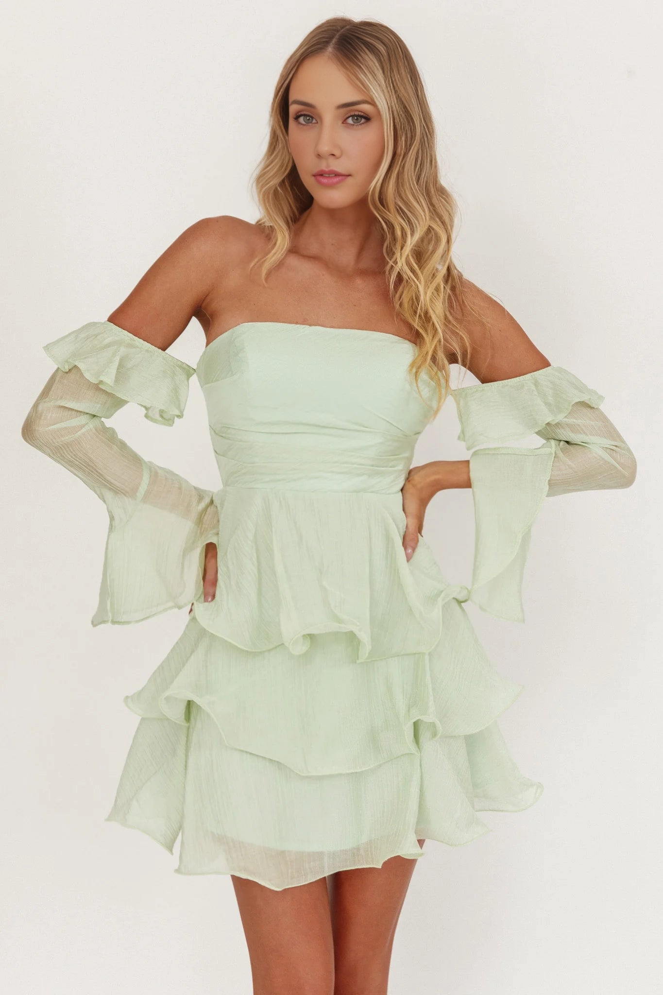 Enchanting off shoulder multi-layered mini long sleeved layered ruffled bridesmaid dress